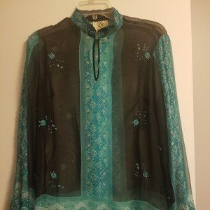 Teal & black sheer blouse w/black cami